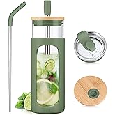 Kodrine 24oz Glass Tumbler with 2 Lids and Straws, Glass Cup With Bamboo Lid and On-the-go Lid, Reusable Iced Coffee Cup, Ideal for Smoothie, Cold Drinks, Fit Cup Holder, BPA Free (1, Olive)