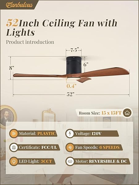 FANBULOUS 52″ CEILING FANS WITH LIGHTS AND REMOTE CONTROL,MODERN FLUSH MOUNT CEILING FAN WITH 3 LED COLORS,OUTDOOR LOW PROFILE CEILING FANS WITH 6-SPEEDS TIMER DC MOTOR FOR BEDROOM LIVING ROOM PATIO