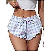 MAKEMECHIC Women's Pajama Bottoms Floral Print Plaid Tie Front PJ Shorts Slit Hem Cherry Summer Lounge Shorts