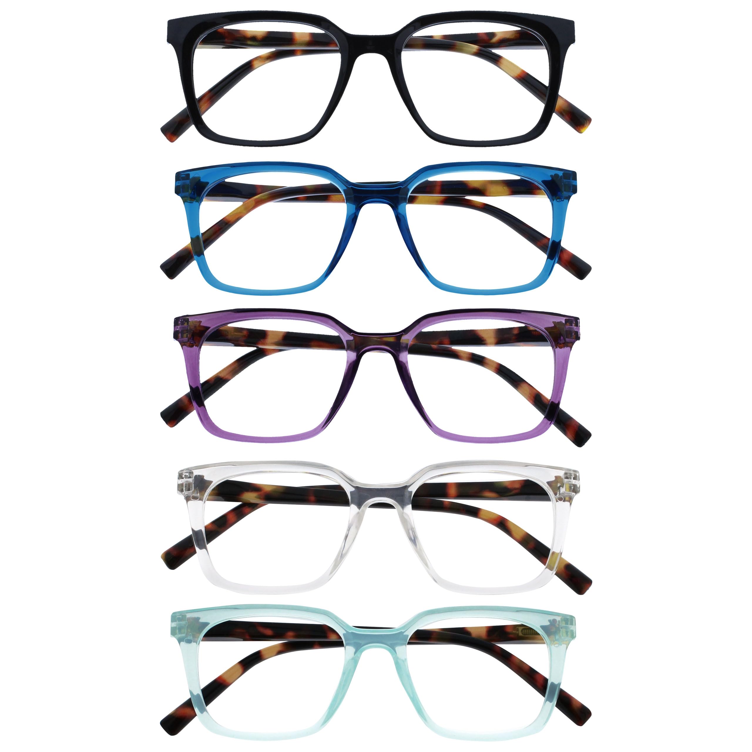 OPULIZE KOI Reading Glasses 5 Pack - Large Rectangular Frame - Black-Blue-Purple-Clear-Aqua - Mens Womens- Spring Hinges - RRRRR50-135CQ - +2.50