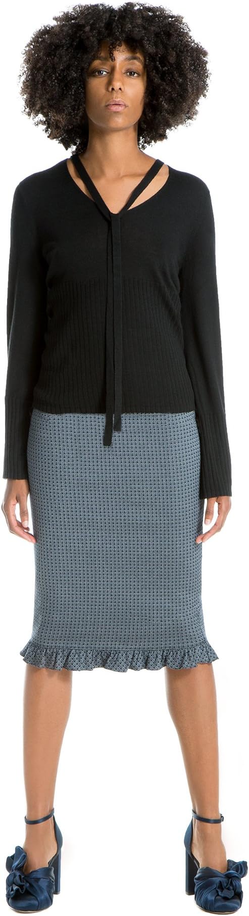 Max StudioRuffled-Hem Pencil Skirt Dark Navy