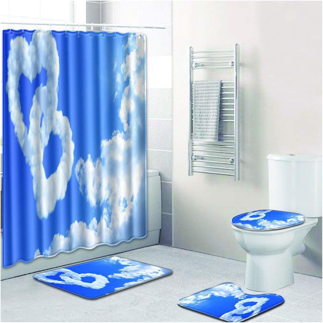 ROMQUEEN 4 Piece Bathroom Rug Set Shower Curtains Extra Long 220 Bath Mats Children Pedestal Mat for Square Toilet& Shower Curtain 180 * 180&45 * 75
