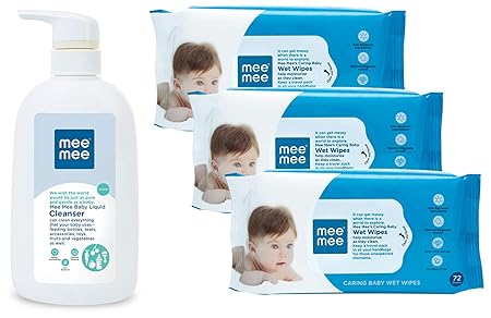 Mee Mee Anti-Bacterial Baby Liquid Cleanser for Fruits, Bottles, Accessories & Toys (500 ml - Bottle & Caring Baby Wet Wipes with Aloe Vera (72 pcs/Pack) (Pack of 3) Combo