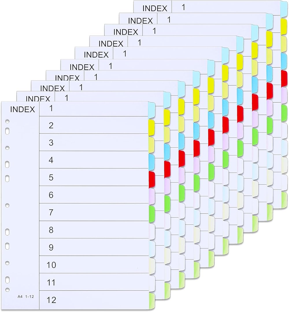 Thboxes File Dividers A4 12 Part 10 Pack Coloured Multi Hole Punched