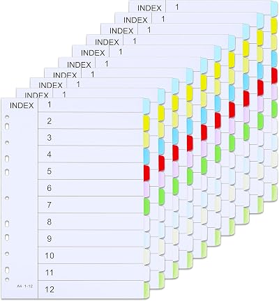 Thboxes File Dividers A4 12 Part 10 Pack Coloured Multi Hole Punched