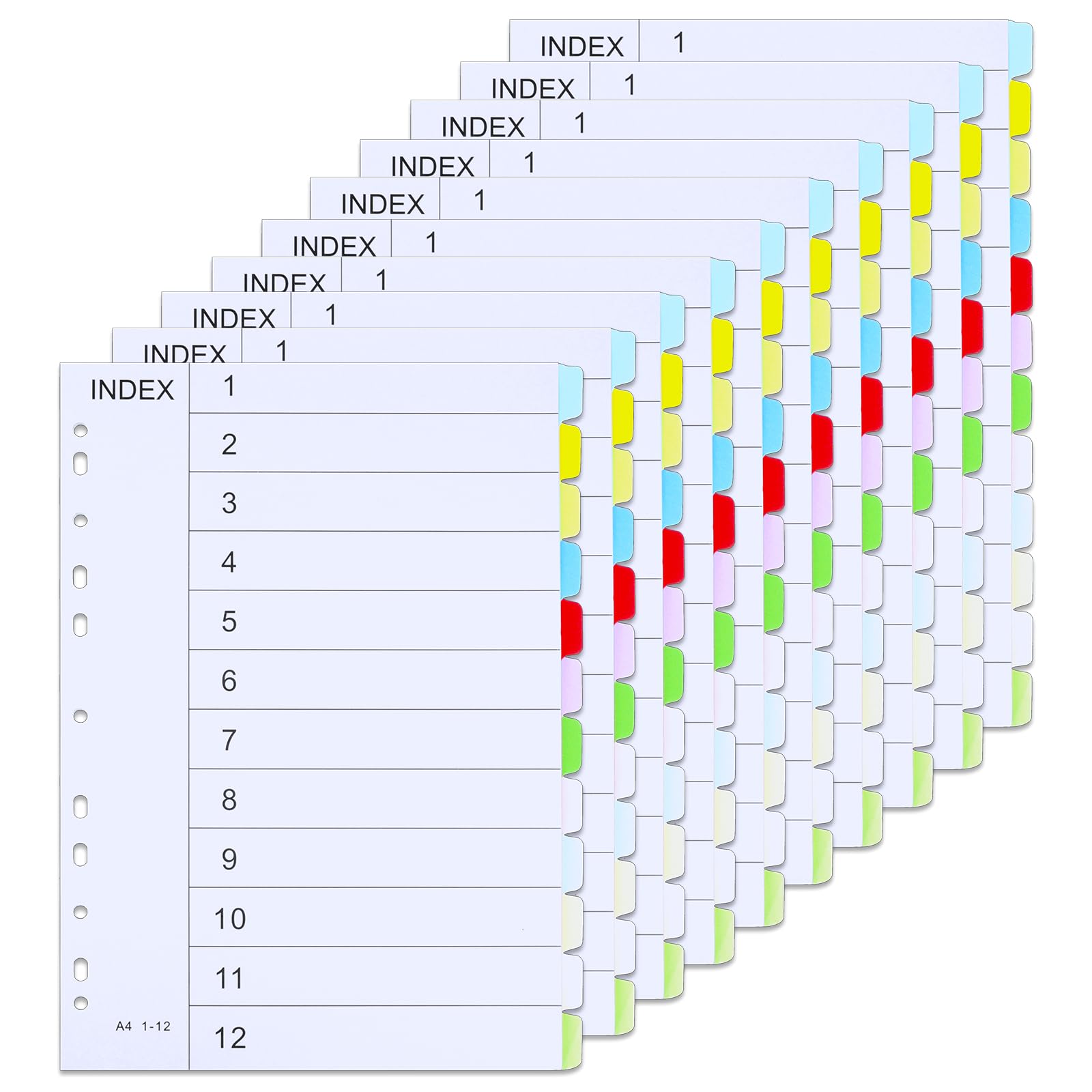 File Dividers A4, 10 Pack 12 Part Folder Dividers Coloured Multi Hole Punched A4 Dividers Tabbed Index Divider for Lever Arch Files Ring Binders Office School Index Dividers