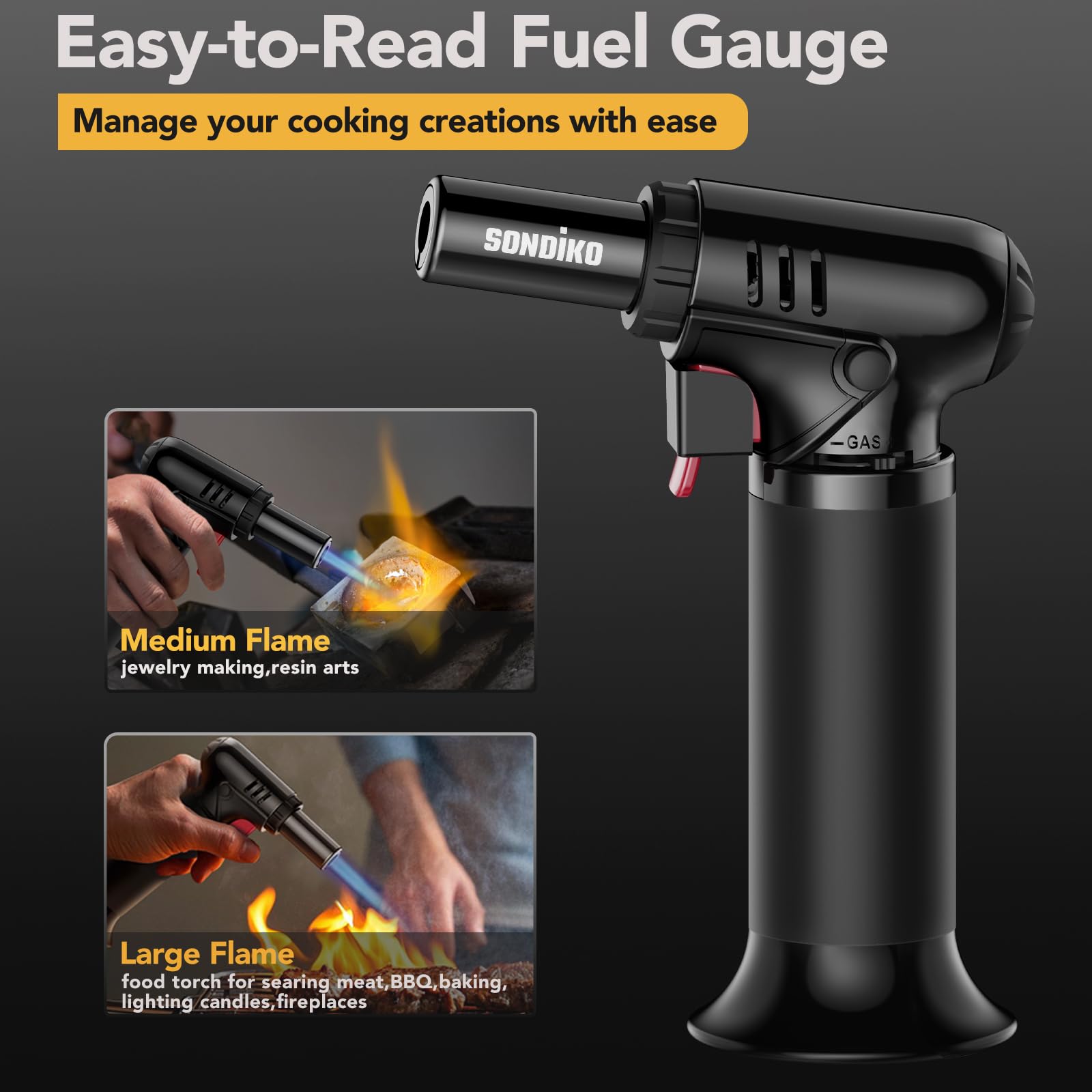 Sondiko Butane Torch with Fuel Gauge, Refillable Soldering Torch with Adjustable Flame for Welding, Resin Art, Industrial(Butane Gas Not Included)
