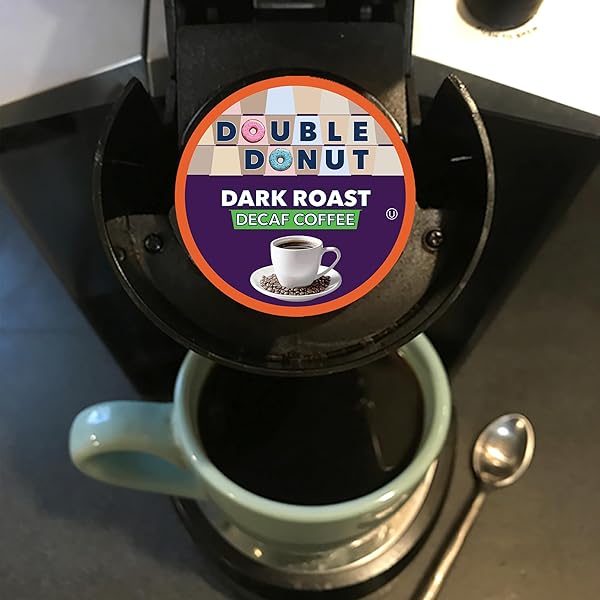 DOUBLE DONUT COFFEE DECAF DARK ROAST COFFEE PODS, EXTRA BOLD BLEND COFFEE, SINGLE SERVE COFFEE FOR KEURIG K CUPS MACHINES, DECAF DARK ROAST COFFEE IN RECYCLABLE PODS, 24 COUNT