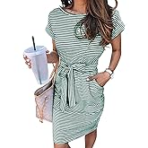 MEROKEETY Women's 2026 Summer Casual T Shirt Dress Short Sleeve Striped Tie Waist Work Vacation Trendy Short Dresses
