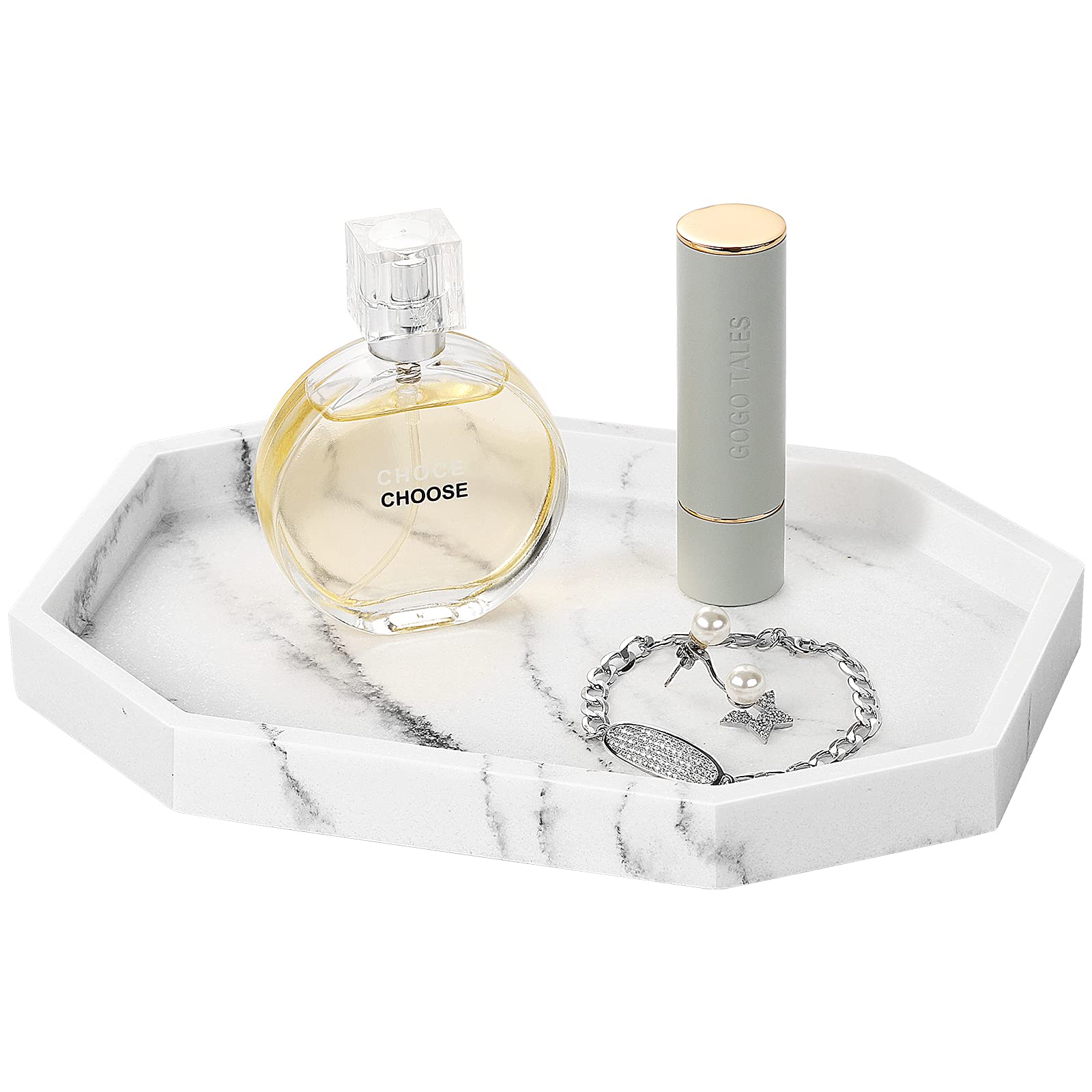 Shinowa 8" Small Octagon Bathroom Vanity Tray, Resin Decorative Perfume Tray Jewelry Ring Dish Tray,Vanity Tray for Bathroom Candle Perfume Soap Shampoo, Gravel White