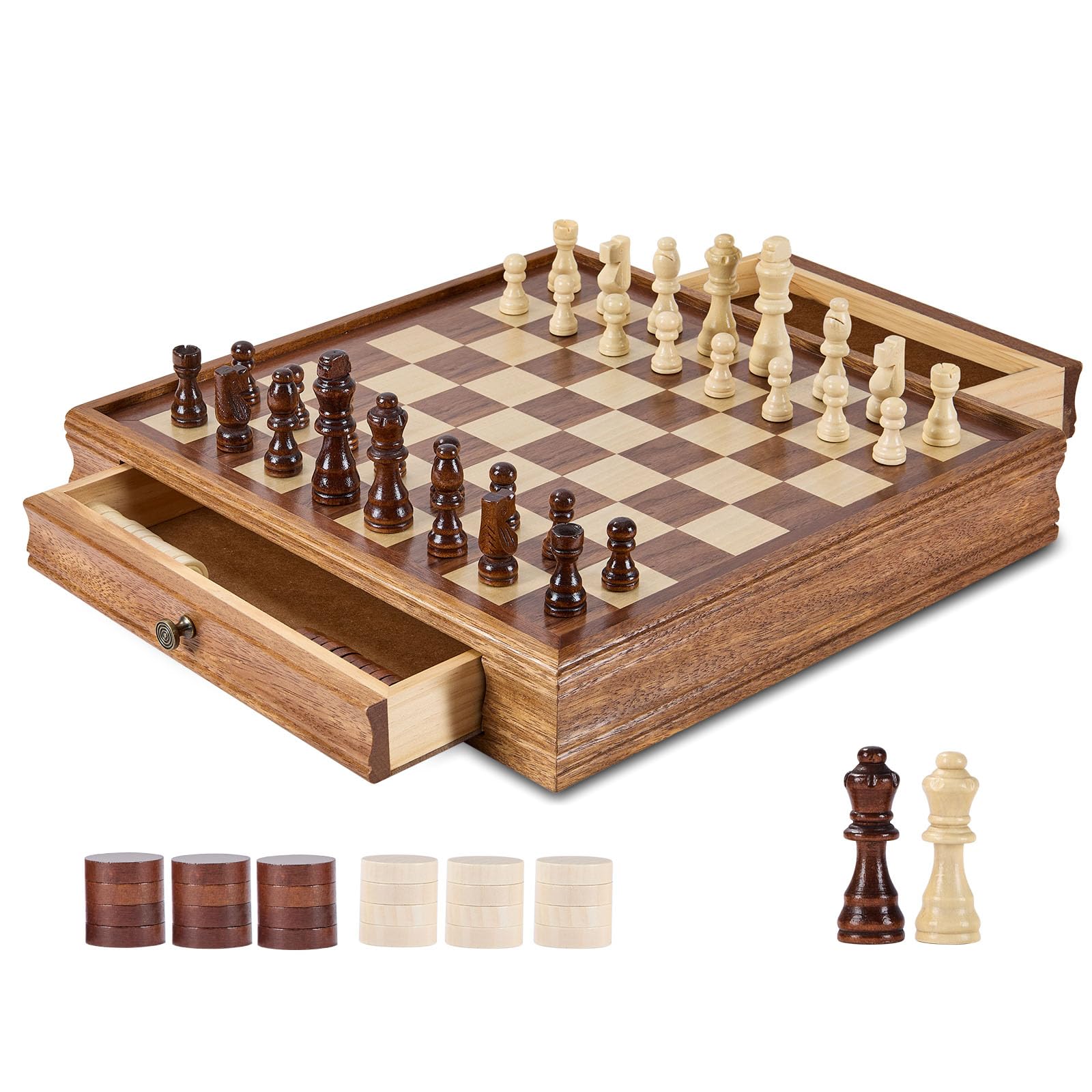 Photo 1 of VEVOR Solid Wood Chess Set, 15 inch 2-in-1 Chess Checkers Game Set, Chess Board Games with Storage Drawer & Weighted Chess Checkers Pieces & 2 Queens, Christmas Crafts Xmas Gift