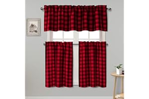 Hiasan 3 Piece Semi Sheer Kitchen Curtains Light Filtering Checkered Tier and Valance Window Curtains Set, Red and Black, 60 W x 18 L (1 Panel) + 29 W x 36 L (2 Panels)