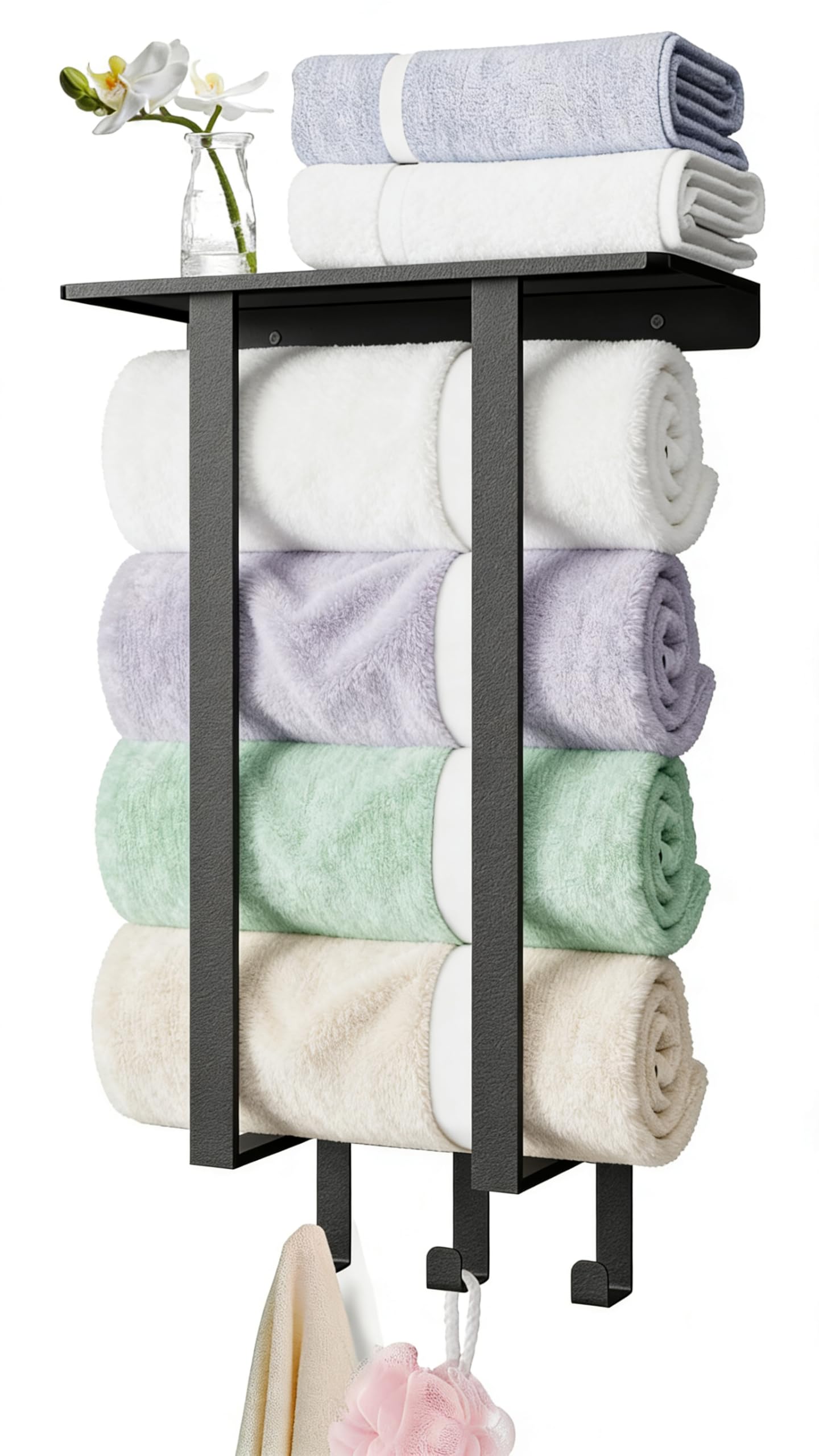 Towel Rack Wall Mounted, BETHOM Metal Square Tube Bathroom Towel Rack with Shelf, 50cm Bathroom Towel Holder for Folded or Rolled Large Bath Towels(160x100cm), Black