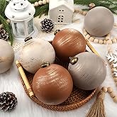 PullCrease 6 Pcs 4 Inch Neutral Christmas Ball Ornaments with Velvet Ribbon Large Rustic Textured Tan Brown Beige White Xmas Ornaments Antique Farmhouse Modern Christmas Decor for Tree Indoor Outdoor