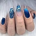 MISUD Medium Coffin Press-on Nails, Blue Ombre, Glossy Glue, Sparkly Acrylic, Bling Glitter Artificial, Ballerina False Nails with Design - 24 pcs