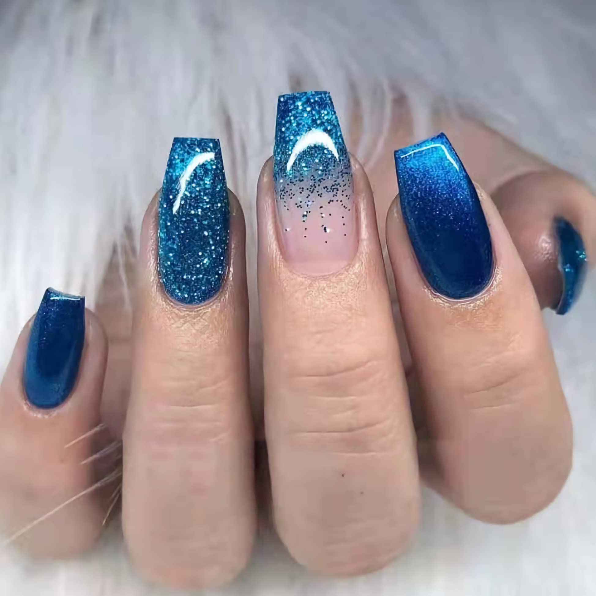 MISUD Medium Coffin Press-on Nails, Blue Ombre, Glossy Glue, Sparkly Acrylic, Bling Glitter Artificial, Ballerina False Nails with Design - 24 pcs