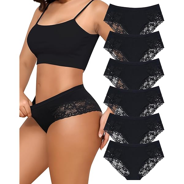 Pack 6 Braguitas Algodón Con Encaje Mujer - Tiro Medio, 95% Algodón, Suaves, Cómodas - Tallas S A XL