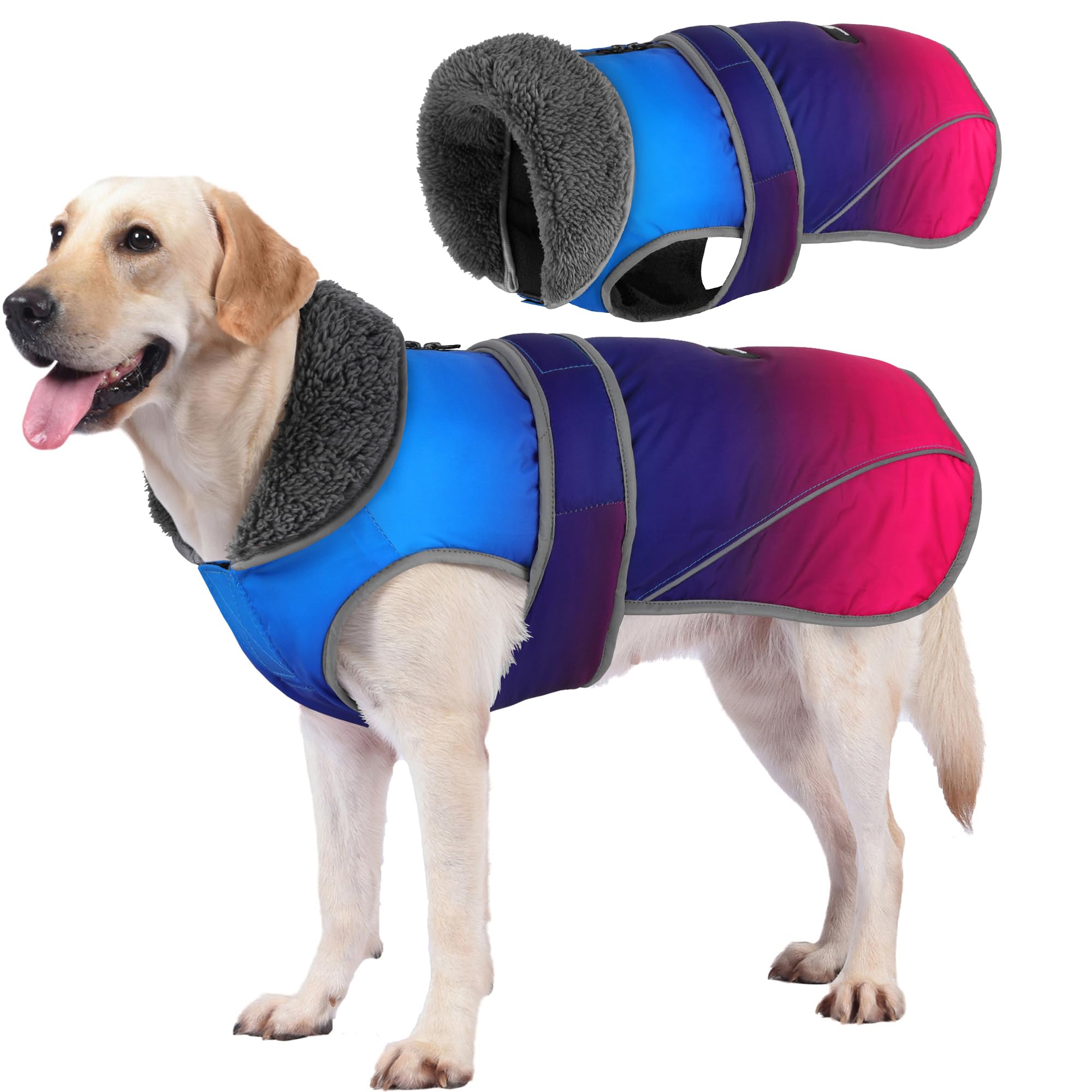 Dogcheer Dog Coat, Waterproof Dog Jacket Reflective Pet Winter Coat with Adjustable Hook & Loop, Christmas Puppy Fleece Jacket Warm Snowsuit for Small Medium Large Dogs - Gradient Blue-red, 3XL Image