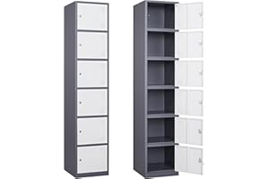 Yizosh Metal Locker with 6 Doors, Tall Steel Storage Lockers for Employees - 71" Locker Storage Cabinets for School, Gym, Home, Office, Garage (Grey White)