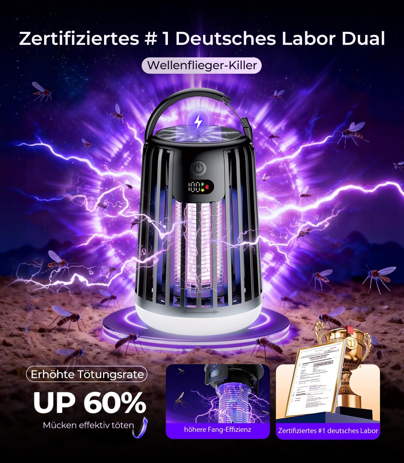 2026 Neu Upgraded Solar Insektenvernichter Elektrisch【DE-Lab #1 Dual-Wave】 Elektrische Fliegenfalle Elektrisch 【30% weniger Knall, sanfter】 Mückenlampe mit Akku für Haus, Garten, Camping etc 2