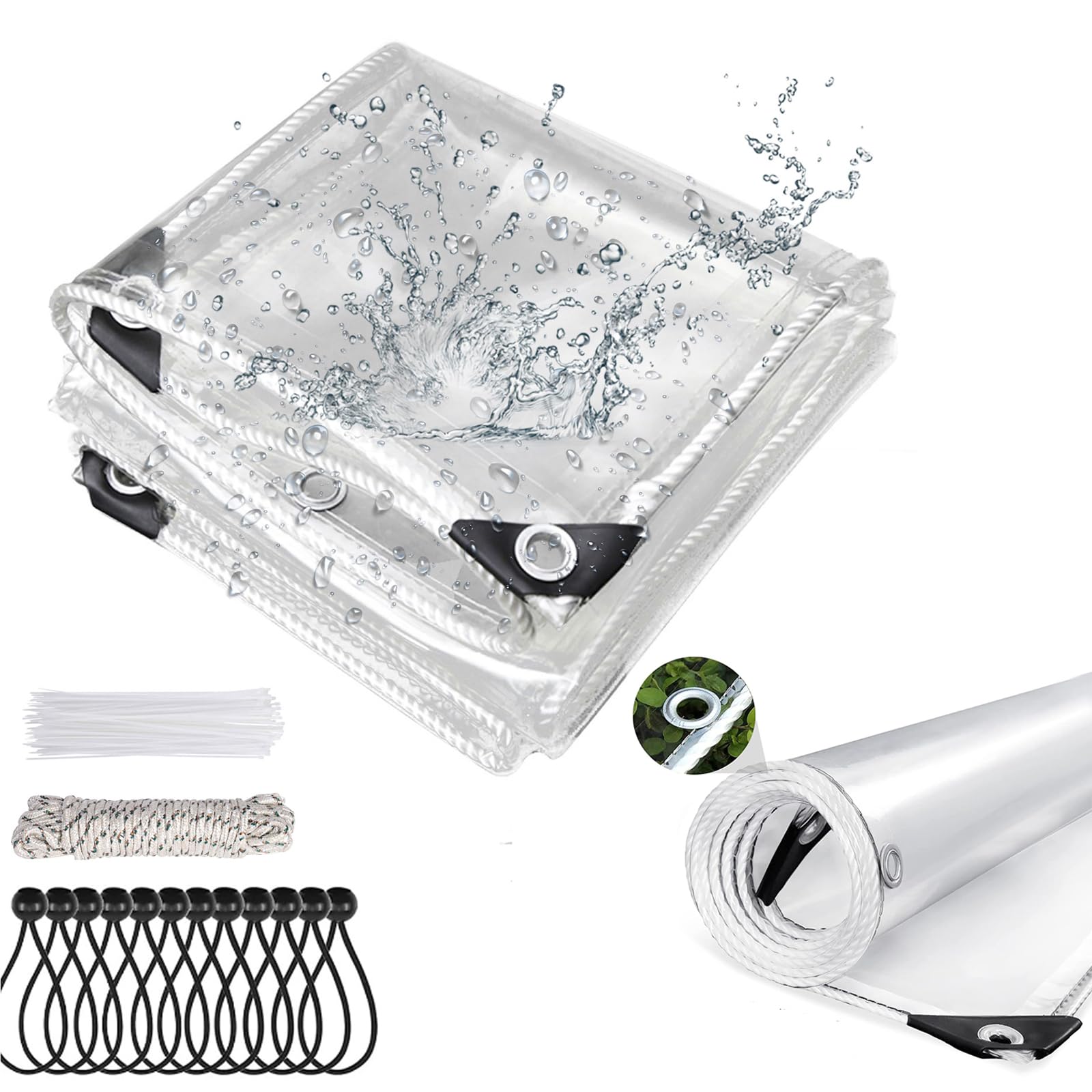 TOPCHANCE 1Mx1.5M Tarpaulin Waterproof Heavy Duty,Thick 420g/m² PVC Transparent Tarpaulin with Eyelets and Rope Plastic Cover,UV Protection PE Plastic Clear Tarp for Garden,Gazebo,Camping,Furniture