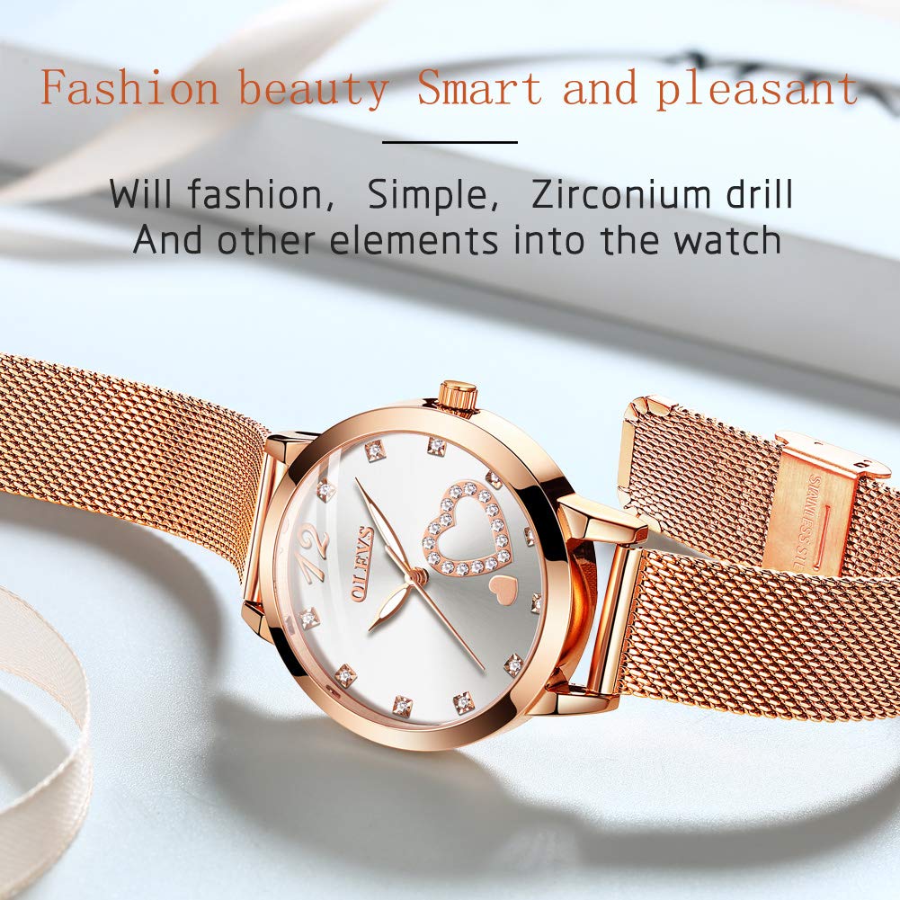 OLEVS Women's Rose Gold Watches Heart Diamond Japanese Quartz Movement Ladies Wristwatch Big Face Waterproof Mesh Belt Watch and Bracelet Set, Rose gold band and White dial, casual watch for women