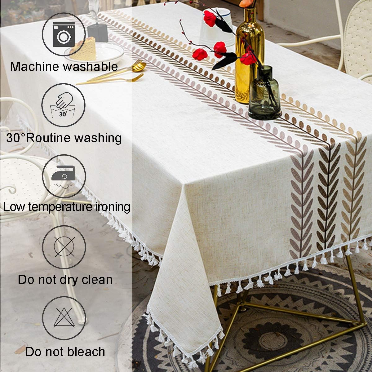 Smiry Embroidery Tassel Tablecloth - Cotton Linen Dust-Proof Table Cover for Kitchen Dining Room Party Home Tabletop Decoration (Rectangle/Oblong, 55 x 102 Inch, Coffee): Kitchen & Dining