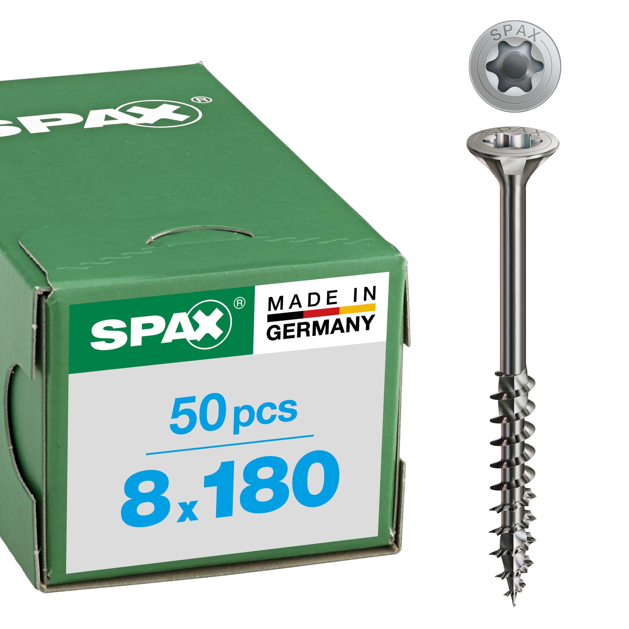 Stainless Steel Screw, 8 x 180 mm, Pack of 50, Partially Threaded, Countersunk Head, T-Star Plus T40, 4CUT, Stainless Steel A2-0197000801805