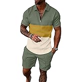 UOUA Mens Summer Track Suits 2 Piece Shorts Sets Short Sleeve Sweatsuit Outfits 1/4 Zip Golf Polo Splicing Striped Shirts