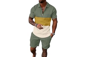 UOUA Mens Summer Track Suits 2 Piece Shorts Sets Short Sleeve Sweatsuit Outfits 1/4 Zip Golf Polo Splicing Striped Shirts