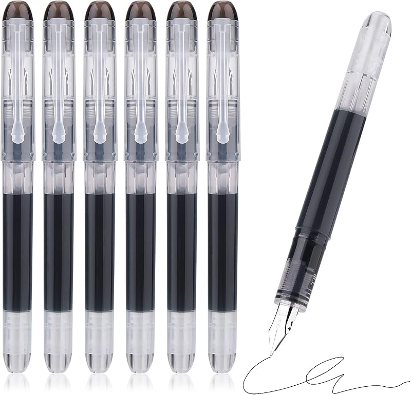 TIESOME Disposable Fountain Pens Black Ink 6Pcs Fine Nib Quick-Dry Office