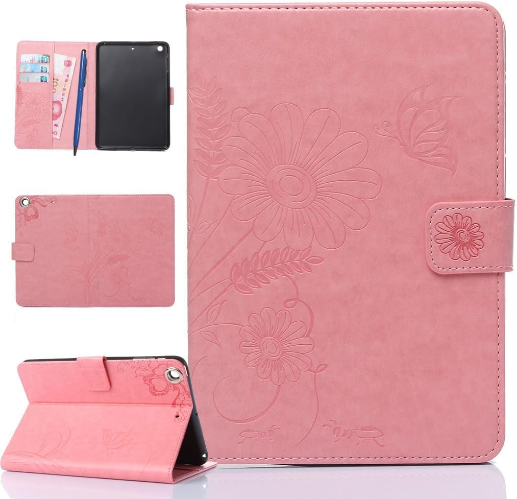 CareyNoce iPad Mini 1/2/3 Case,Embossed Pattern Design PU Leather Magnetic Book Flip Wallet Case for Apple iPad Mini 1 iPad Mini 2 iPad Mini 3 (7.9") - Pink Butterfly Flower