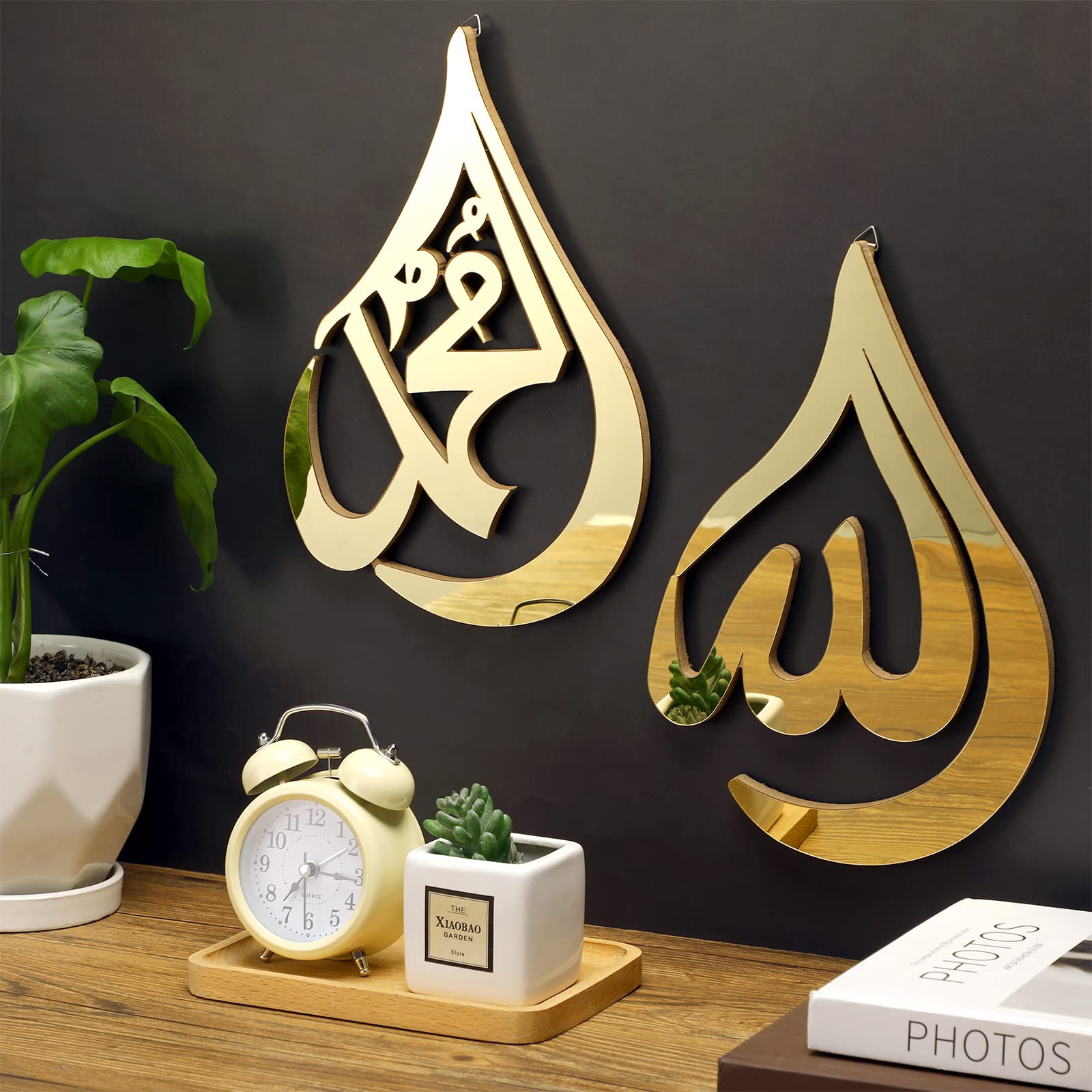 Photo 1 of Qunclay 2 Pieces Gold Islamic Wall Art for Living Room Wooden Acrylic Teardrop Design Allah Art Wall Decorations Quran Arabic Calligraphy Decor Islamic Decoration Gift for Muslims at Ramadan