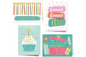 Colorful Happy Birthday Card Assortment / 24 Folded Anniversaire Greeting Cards With White Envelopes / 4 5/8" x 6 1/4" French