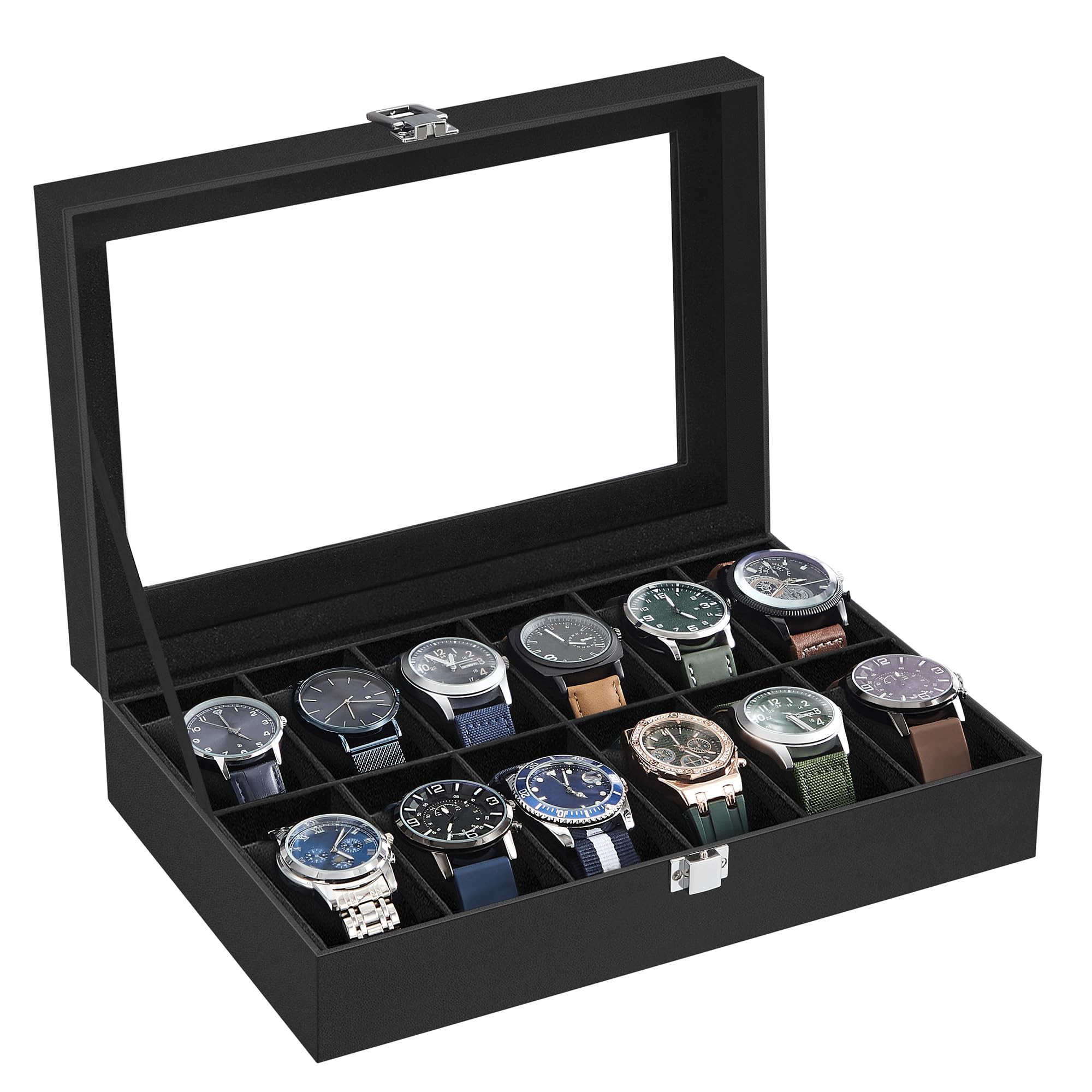 SONGMICS Watch Box with 12 Slots, Watch Case with Glass Lid, Watch Display Box with Removable Watch Pillows, Metal Clasp, Gift Idea, Black Synthetic Leather, Black Lining JWB12B