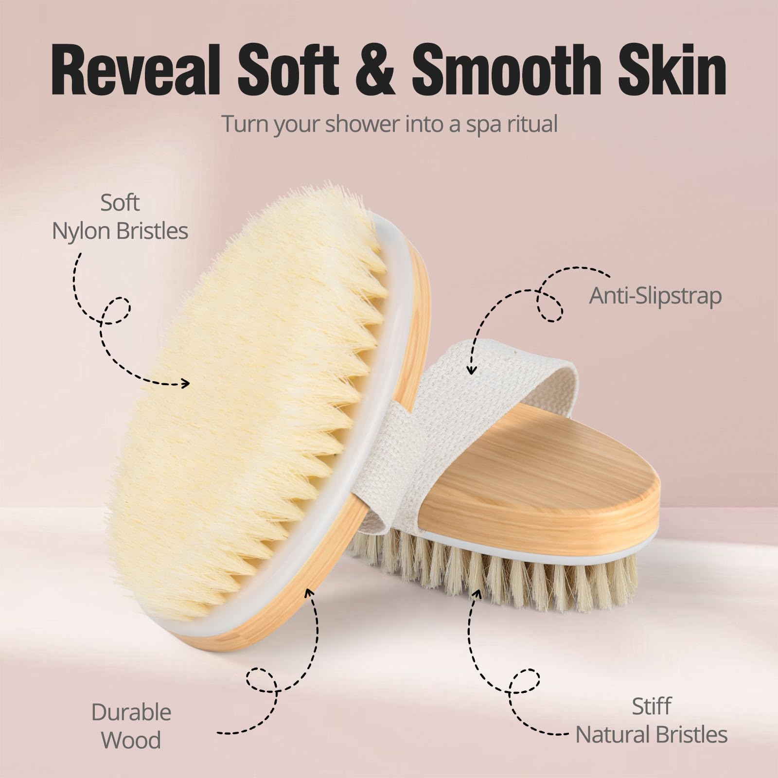 2 Pack Dry Brushing Body Brush, Natural and Soft Bristle Shower Brush for Body Cleaning, Exfoliating Bath Brush for Lymphatic Drainage Improve Circulation, Body Exfoliator Scrubber for Women Men