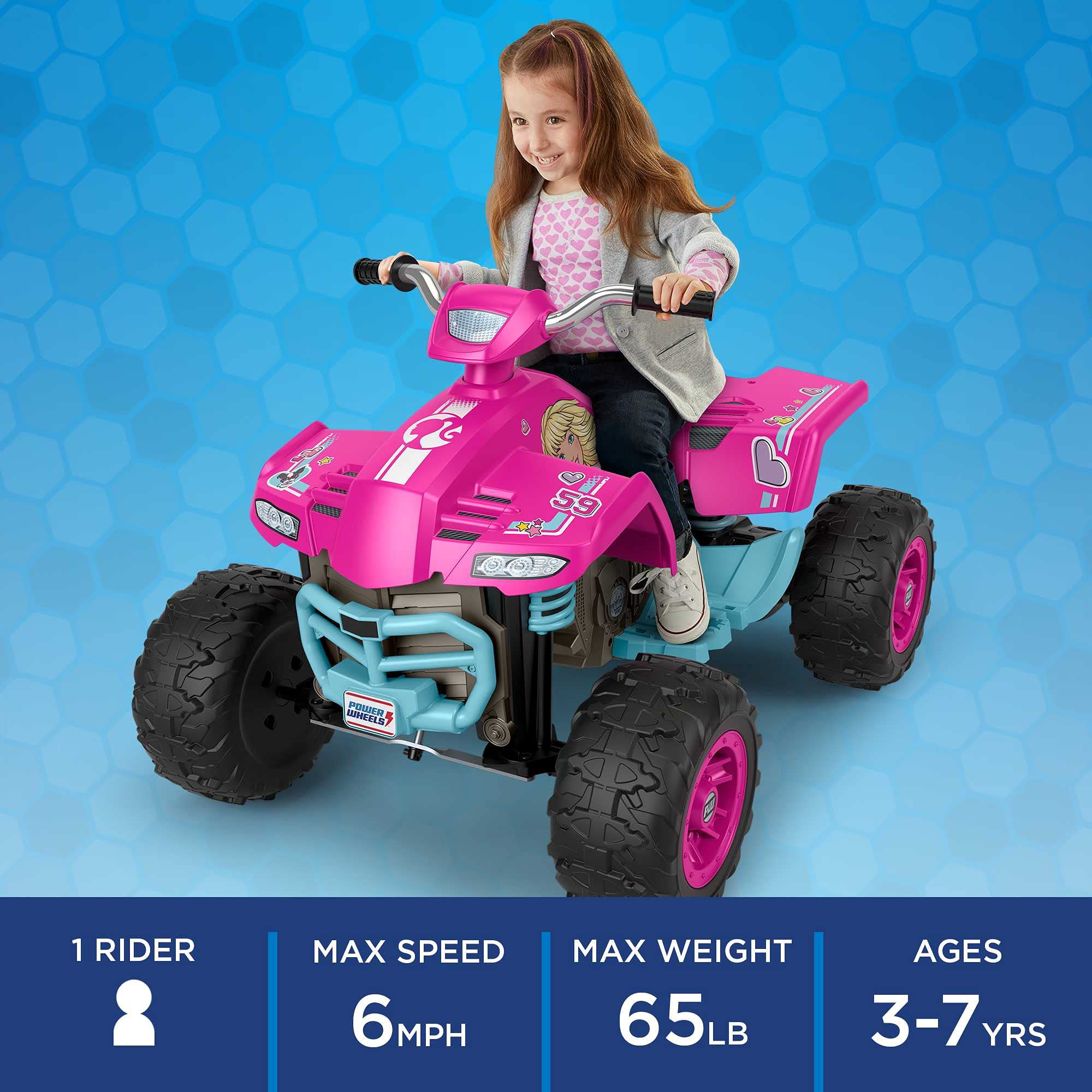 Power Wheels Barbie Pink Racing ATV, 12-V battery powered ride-on vehicle for preschool kids ages 3-7 years