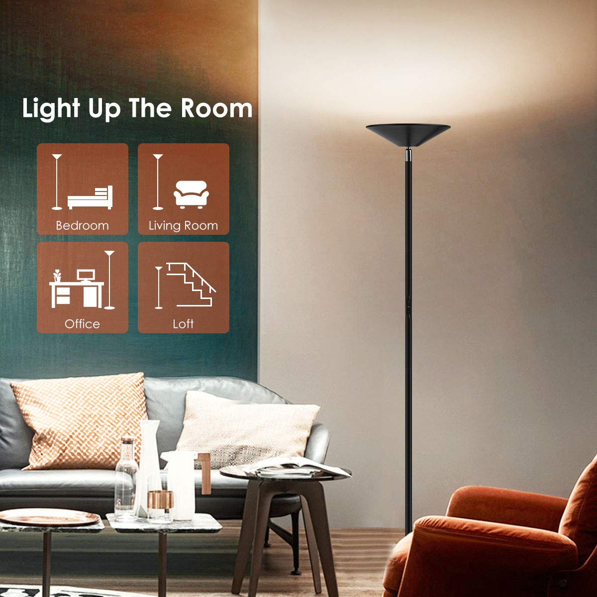 Floor Lamp, LED Torchiere Super Bright Floor Lamps, Dimmable 20W LED Floor Light with Touch Control and Wall Switch, Standing Lamp with Stepless Dimmer for Living Room and Bedroom. 90° Adjustable Top.