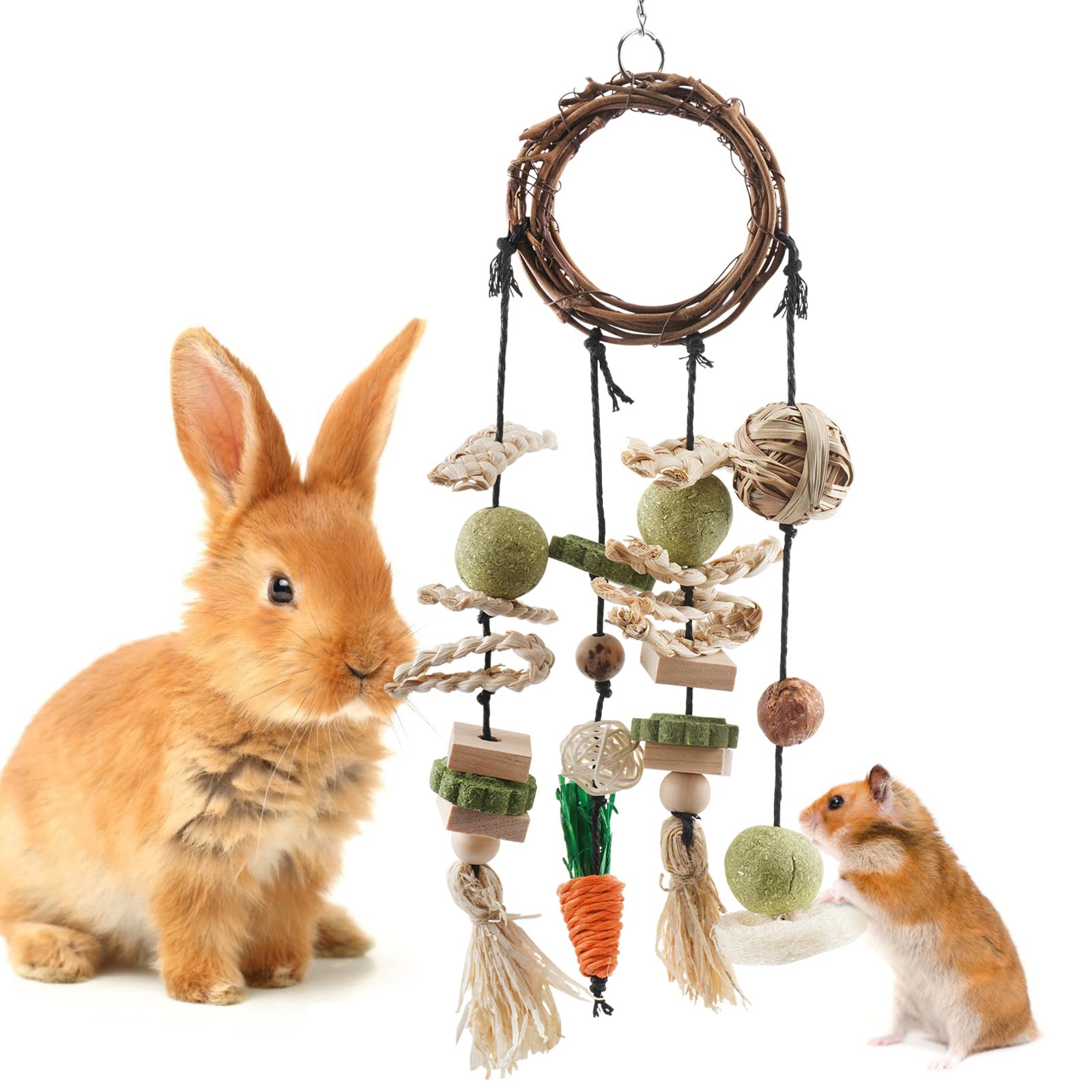 Photo 1 of Bissap Bunny Chew Toy, Rabbits Cage Hanging Chew Toys and Treats Rattan Ring with Snacks for Guinea Pigs Chinchillas Hamsters Rats and Other Small Pets Teeth Grinding