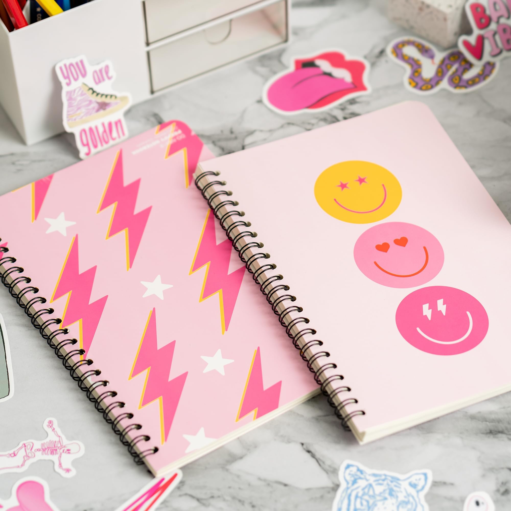 L1rabe 2 A5 Preppy Spiral Notebooks for Teens Girls Christmas Gifts Y2K Hardbound Journal for College Student Happy Smile Hardcover Notebooks, Birthday Gifts Pink Notepad Diary for Students Kids Girls
