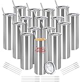 YOUKE OLA 16 Pack Stainless Steel Skinny Tumblers Blank Bulk Straight Double Wall Insulated Tumbler with Lid and Straw for, DIY Gift, 20oz Silver