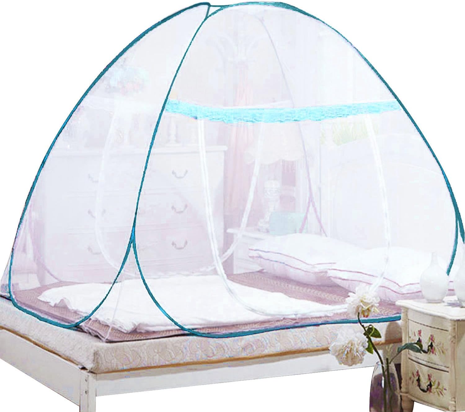 Spacious Folding Mosquito Net Bed Guard Tent Easy Pop Up with Attached Bottom Dual Zipper Doors for Babies Toddlers Kids Adult Home Travel Outdoors 59 x 75 x 59 inch Blue