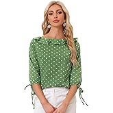 Allegra K Women's Ruffled Collar Polka Dots Shirt 3/4 Sleeve Vintage Blouse