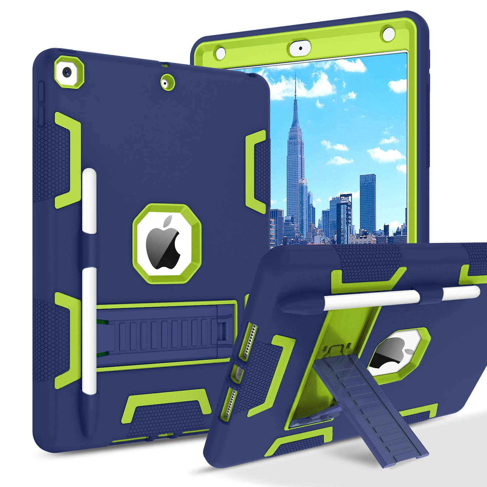 BENTOBEN for iPad 9th/8th/7th Generation Case, iPad 10.2 inch 2021/2020/2019 Case Kids, 3 in 1 Heavy Duty Rugged Shockproof Protective Cover with Kickstand Pencil Holder, Navy Blue/Yellow