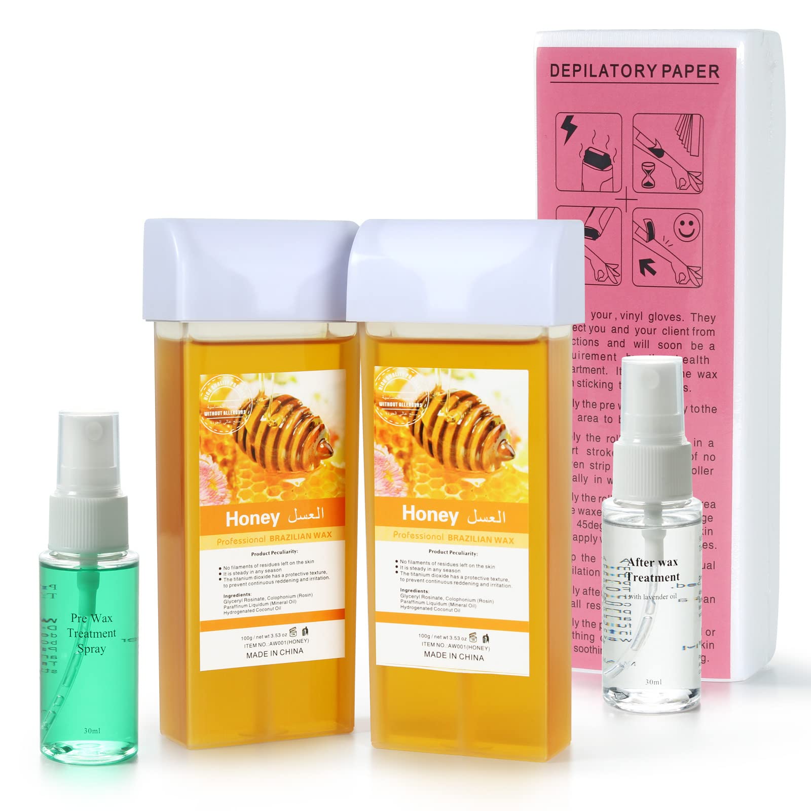 Roll On Wax Depilatory Wax Roller Hair Removal Waxing Kit,Beth Lee 2 Packs Honey Wax Cartridge and 100 Wax Strips Wax Kit Refills For Legs,Arms and Underarm