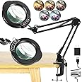 10X Magnifying Glass with Light and Clamp, 5 Color Modes Stepless Dimmable LED Desk Lamp, Real Glass Lens Lighted Magnifier with Stand, Hands Free for Crafts Hobby Reading Painting Sewing Close Work.