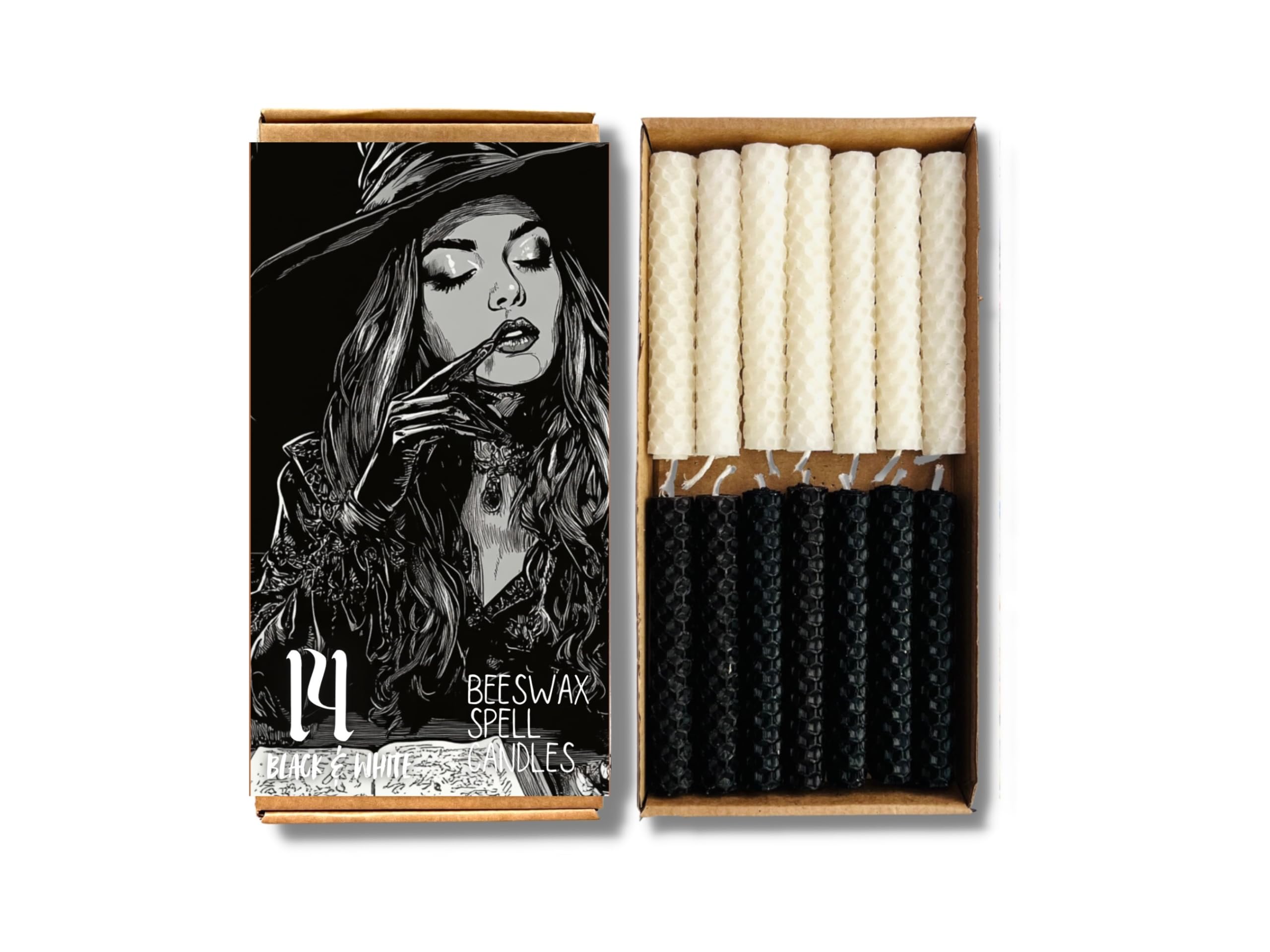 Phoenix Candle Company - Beeswax Spell Candles Set - 14 Count - Hand-Rolled - Black & White