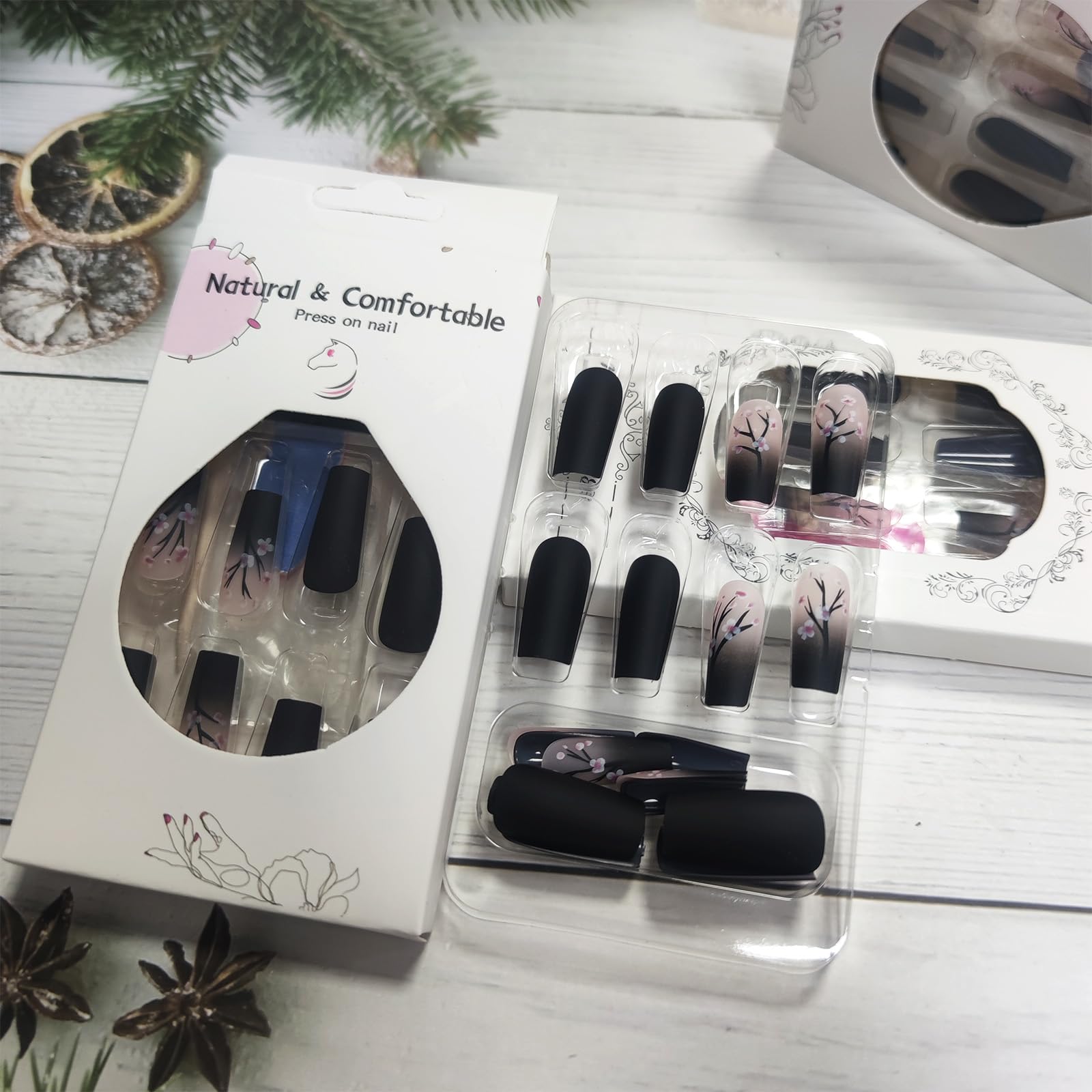 Winter Flower Press on Nails Black Gradient Medium Square False Nails 24 Pcs Glossy Pink Plum Blossom Acrylic Fake Nails Gel Glue on Nails Black French Tips Stick on Nails for Coquette Women Girls - Image 2