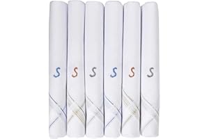 Caruso Italy Men's Initial Monogram Embroidery 100% Pure Cotton Handkerchief White Base With Colored Border - Pack Of 6