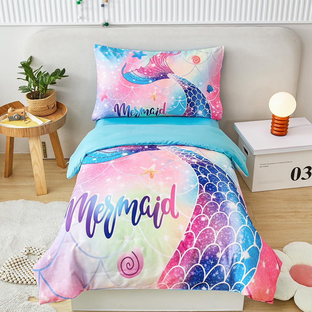 STYHO Toddler Bedding Set for Girls Colorful Rainbow Mermaid Cot Bedding Set Soft Reversible Mermaid Tail Print Toddler Duvet Cover Set(Colorful, Cot Bed) — image 1